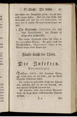 Fünfte Klasse der Thiere. Die Insekten. Entomologia.