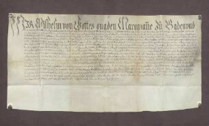 Bestandsbrief des Markgraf Wilhelm von Baden-Baden für Dietrich Haiz und Konsorten zu Iffezheim über den markgräflichen Hof zu Iffezheim, genannt der Zollerhof, auf 18 Jahre