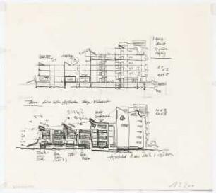 Internationale Bauausstellung (IBA) 1987, Wettbewerb, Rauchstraße, Berlin-Tiergarten: Ansicht von Süden, Schnitt 1.200
