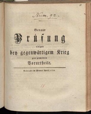 Genaue Prüfung einiger bey gegenwärtigem Krieg gar gemeinen Vorurtheile