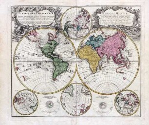 Planiglobii Terrestris Mappa Universalis Utrumq Hemisphaerium Orient et Occidentale repraesentans, Erx IV mappis generalibus Hasianis composita et adjectis ceteris hemisphaeriis designata a G.M. Lowizio. Excudentibus Homann Heredibus