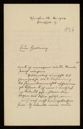 137: Brief von Karl von Unzer an Gottlieb Planck, München, 22.5.1904