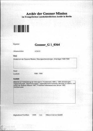 Kuratorium der Gossner Mission, Sitzungsvorbereitungen, Unterlagen 1988-1990