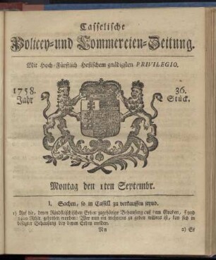 36. Stueck, Montag den 1ten September 1758
