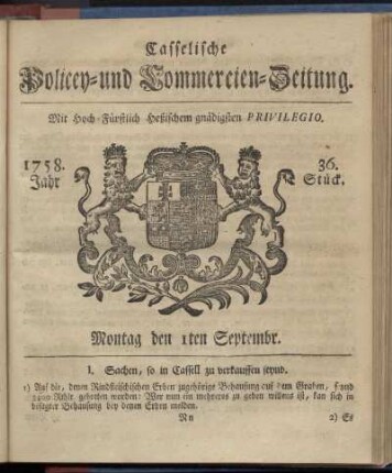 36. Stueck, Montag den 1ten September 1758