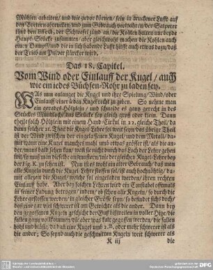 Das 18. Capitel. Vom Wind oder Einlauff der Kugel/auch wie ein iedes Büchsen-Rohr zu laden sey.