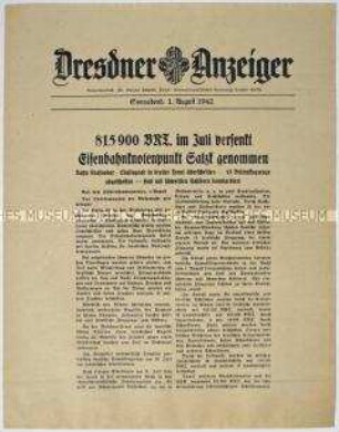 Nachrichtenblatt "Dresdner Anzeiger" mit Meldungen des Oberkommandos der Wehrmacht u.a. zu Luftangriffen auf Hull