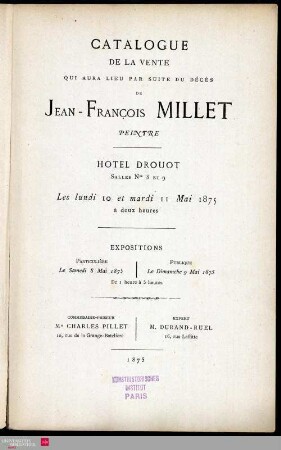 Catalogue de la vente... par suite du décès de Jean-François Millet, peintre : Hôtel Drouot... 10... 11 mai 1875...