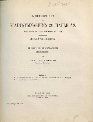 Jahresbericht des Stadtgymnasiums zu Halle : von Ostern ... bis Ostern .... 1881/82