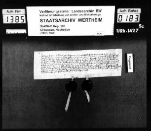 Hans Hutener und seine Frau Barbe verkaufen an Hans von Wittstadt ihr Burggut, das sie auf der Kellerei zu Wertheim haben um 40 fl. rh.