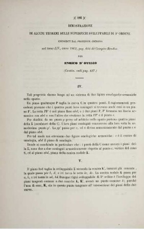 Dimostrazione de alcuni teoremi sulle superficie sviluppabili di 5° ordine enunciati dal professor cremona nel tomo LIV, anno 1862, pag. 604 de' Comptes Renus. (Contin. vedi pag. 137.)
