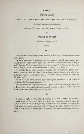 Dimostrazione de alcuni teoremi sulle superficie sviluppabili di 5° ordine enunciati dal professor cremona nel tomo LIV, anno 1862, pag. 604 de' Comptes Renus. (Contin. vedi pag. 137.)