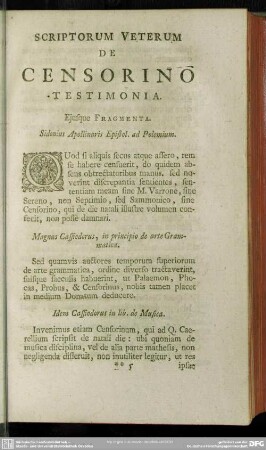 Scriptorum Veterum De Censorino Testimonia