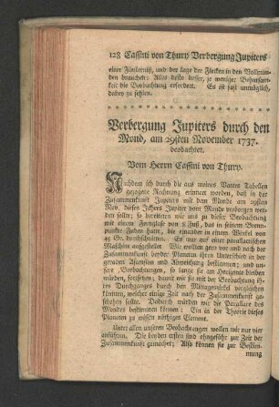 Verbergung Jupiters durch den Mond, am 29sten November 1737.
