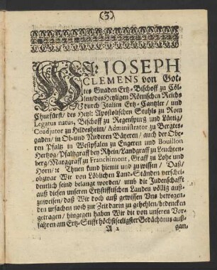 Wir, Joseph Clemens von Gottes Gnaden Ertz-Bischoff zu Cöllen/ ... Caput Primum - Caput Septimum