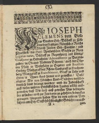 Wir, Joseph Clemens von Gottes Gnaden Ertz-Bischoff zu Cöllen/ ... Caput Primum - Caput Septimum