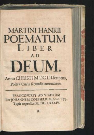 Martini Hankii Poematum Liber Ad Deum.