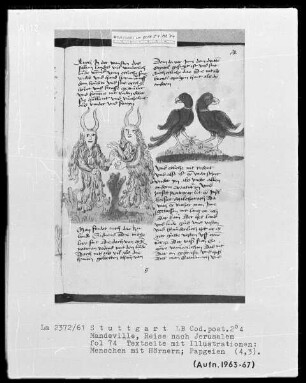 Jean de Mandeville, Reise nach Jerusalem — Textseite mit zwei Illustrationen, Folio 74recto