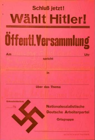 Versammlung der NSDAP-Ortsgruppe Achern: Wie will Adolf Hitler uns helfen? (in Sasbachwalden)