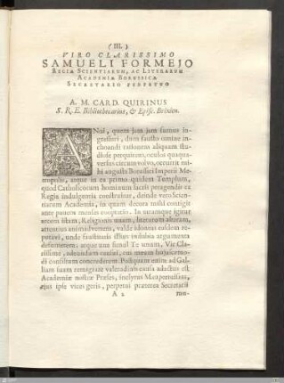 Viro Clarissimo Samueli Formejo Regiæ Scientiarum, Ac Literarum Academiæ Borussicæ Secretario Perpetuo