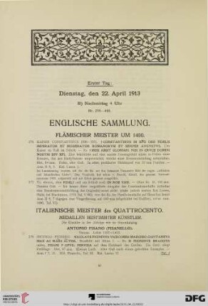 Erster Tag: Dienstag, den 22. April 1913. Englische Sammlung (Nr. 276-455)