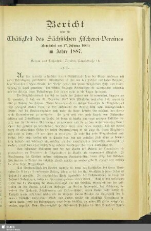 Bericht über die Thätigkeit des Sächsischen Fischerei-Vereines im Jahre 1887