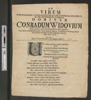 Ad Virum Prae-Nobilissimum ... Dominum Conradum Widovium Jurisconsultum Celebratissimum, maecenatem optimum ... Senator Vetustissimae Hamburgensium ...