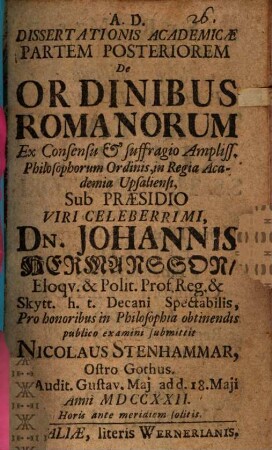 Diss. hist. de ordinibus Romanorum, Pars posterior