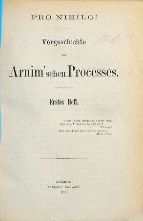 Pro Nihilo! : Vorgeschichte des Arnim'schen Processes