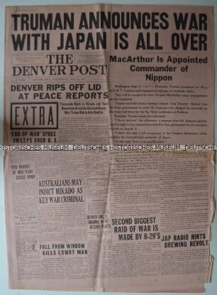 Titelseite und Umschlagblatt der US-Amerikanischen Tageszeitung "The Denver Post" mit Leitartikel zur Kapitulation Japans und Ende des Zweiten Weltkrieges