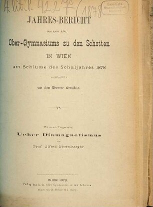 Jahresbericht des K.K. Obergymnasiums zu den Schotten in Wien : über d. Schuljahr .... 1877/78
