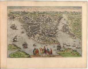 Vogelschaubild von Konstantinopel, kolorierter Kupferstich, 1660 : Byzantium, Nunc Constantinopolis : Cum Privilegio. - [Amsterdam] : [Ioannes Ianssonius], [um 1660]. - 1 Ansicht : Kupferst. ; 48 x 32 cm