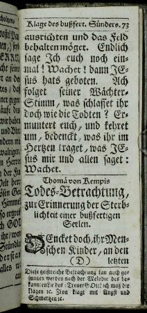 Thomä von Kempis Todes-Betrachtung, zur Erinnerung der Sterblichkeit einer bußfertigen Seelen.