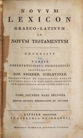 Novum lexicon graeco-latinum in Novum Testamentum, 2,2. Tomi Secvndi Pars Secvnda