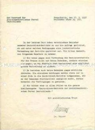 Hektografiertes Rundschreiben des SPD-Vorstandes im Prager Exil über die journalistische Weiterverwendung ihrer Deutschland-Berichte