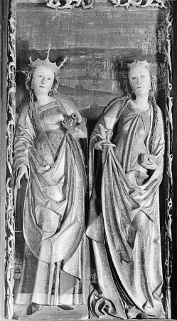 Flügelaltar : Flügelaltar. Holz, geschnitzt, gefaßt (1501/1515). Die heiligen Katharina und Barbara. Oberdrauburg-Zwickenberg, Pfarrkirche Sankt Leonhard
