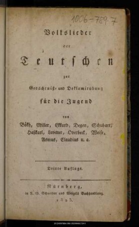 Volkslieder der Teutschen zur Gedächtniß- und Deklamirübung für die Jugend