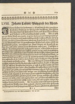 LVIII. Johann Casimir/ Pfaltzgrafe bey Rheyn
