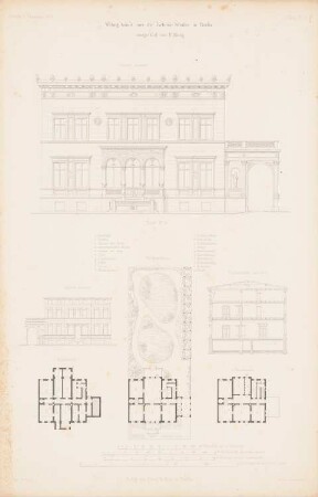 Wohngebäude Viktoriastraße, Berlin: Lageplan, Grundriss Keller, 1.OG, Vorderansicht, Rückansicht, Schnitt AB (aus: Atlas zur Zeitschrift für Bauwesen, hrsg. v. G. Erbkam, Jg. 9, 1859)