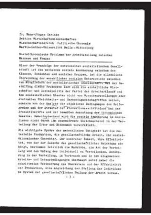 Sozialökonomische Probleme der Arbeitsteilung zwischen Männern und Frauen