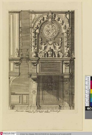 Nouveaux Lievre de Cheminées a la Hollandoise.; [Kamin mit Dekoration, Vasen]