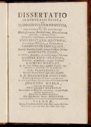 Dissertatio Inauguralis Medica De Tussi Convulsiva Infantum