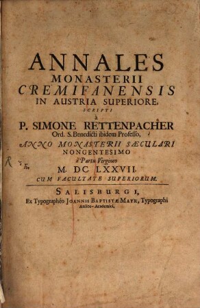 Annales Monasterii Cremifanensis In Austria Superiore