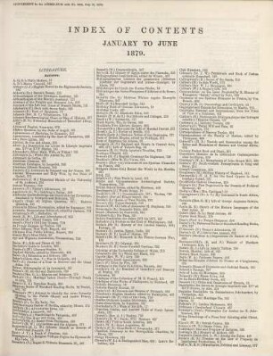 INDEX OF CONTENTS JANUARY TO JUNE 1879.