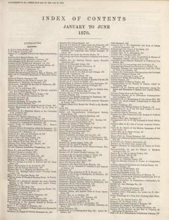 INDEX OF CONTENTS JANUARY TO JUNE 1879.