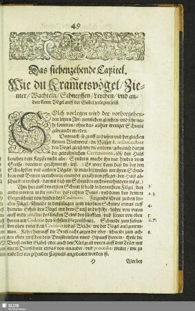 Das siebenzehende Capitel. Wie du Kram[m]etsvögel, Ziemer, Wachteln, und Schnepffen, Lerchen, und andere kleine Vögel zerlegen solst
