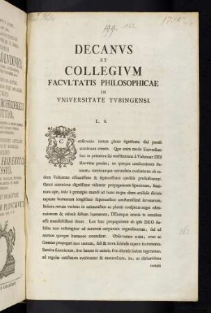 Decanvs Et Collegivm Facvltatis Philosophicae In Vniversitate Tvbingensi. L. S.