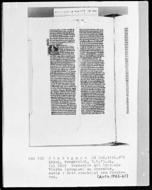 Lateinische Taschenbibel — Initiale V (erba Ieremiae), darin erscheint Gott dem Propheten, Folio 284verso