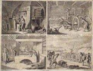 Vier Handwerke: In der Schmiede/ Beim Wagenbauer/ In der Großküche/ Transport von Fässern (Tafel Nr. XX aus Basedow, Elementarwerk)