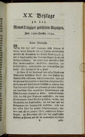 XX. Beylage zu den Neuen Leipziger gelehrten Anzeigen. Zum 15ten October 1794.